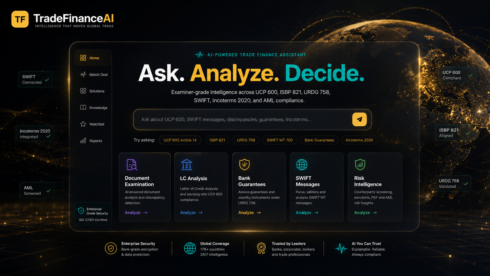 TradeFinanceAI trade finance intelligence workspace answering a documentary credit question