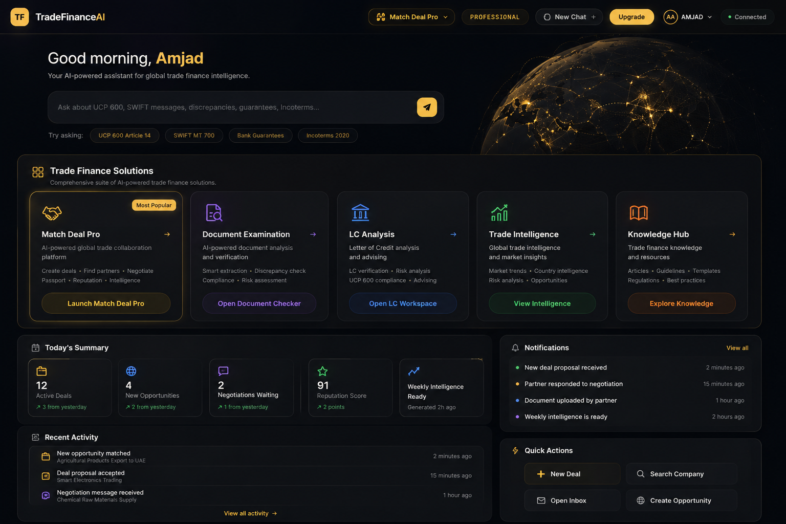 TradeFinanceAI platform dashboard showing trade finance solutions, knowledge and Match Deal Pro